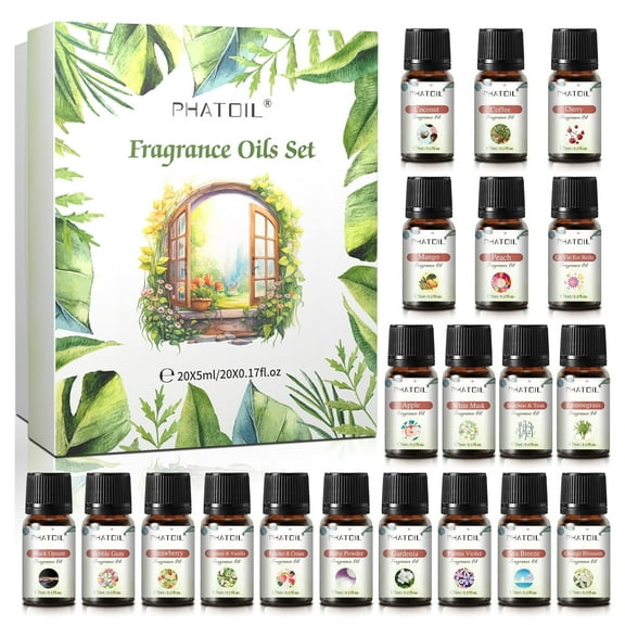 PHATOIL Fragrance Oils Set 20 Blends For Diffusers, Candle Making Scents, Fragrance, Aromatherapy, Humidifiers, Gifts - Coconut Vanilla, White Musk,Orange Blossom (5Ml)