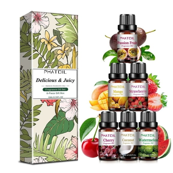 PHATOIL 6PCS Fruity Fragrance Oils Set for Candle and Soap Making, Fragrance, Aromatherapy, Humidifiers, Coconut, Strawberry, Mango, 5ml