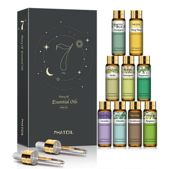 PHATOIL 9-Pack Pure Aromatherapy Essential Oil Set with Lavender, Eucalyptus, and More