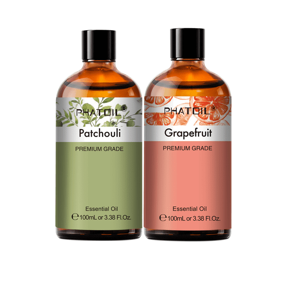 PHATOIL Patchouli and Grapefruit Essential Oil Set 100% Pure for Diffusers,Air Purifier,Skin,Hair Care,Humidifier,Candle Making,Aromatherapy,100ML 2-Pack