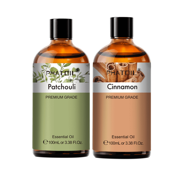 PHATOIL Patchouli and Cinnamon Essential Oil Set for Diffusers,Humidifier,Skin,Body Massage,Bath Bomb,Candle Making,100ml/3.38 fl.Oz