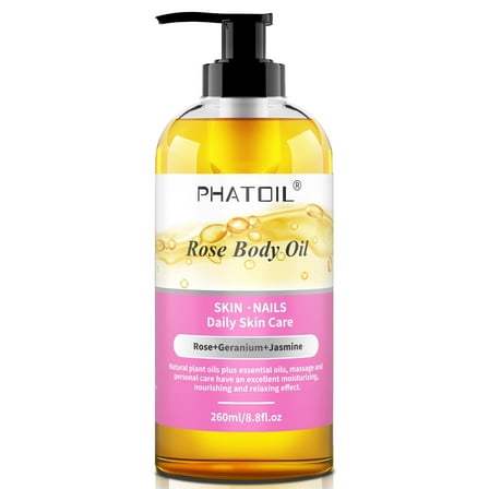 PHATOIL Rose Formula Skin Therapy Moisturizing Body Oil with Vitamin E, Rose Fragrance, 8.8 Ounces