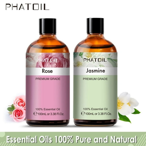 PHATOIL Essential Oils Set for Diffuser, Face, Skin Care, Aromatherapy, Hair Care, Scalp and Body Massage, 3.38 Oz, Rose, Jasmine