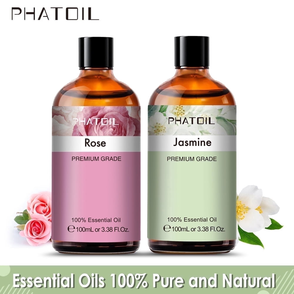 PHATOIL Rose Oil and Jasmine Essential Oils Set 100% Pure and Natural for Diffuser, Candle Making,Face, Skin Care, Aromatherapy, Hair Care, Scalp and Body Massage, 3.38 Oz