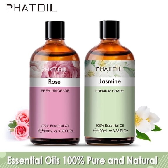 PHATOIL Rose Oil and Jasmine Essential Oils Set 100% Pure and Natural for Diffuser, Candle Making,Face, Skin Care, Aromatherapy, Hair Care, Scalp and Body Massage, 3.38 Oz