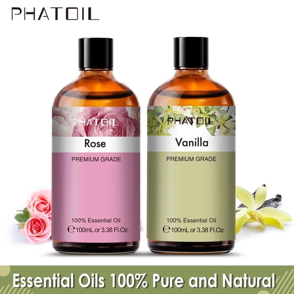 PHATOIL Essential Oils Set for Diffuser, Face, Skin Care, Aromatherapy, Hair Care, Scalp and Body Massage, 3.38 Oz, Rose, Vanilla
