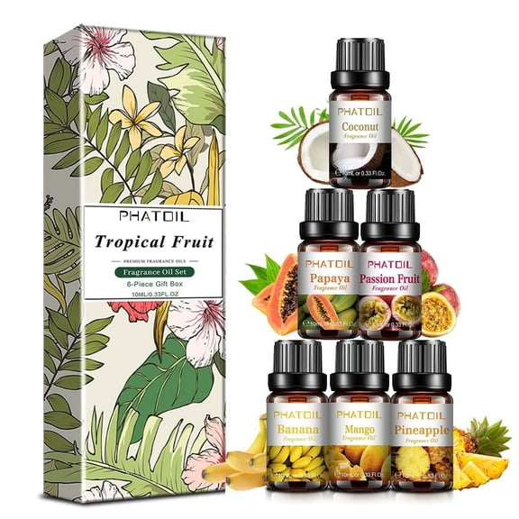 PHATOIL Fruity Fragrance Oil for Soap Making, Essential Oils Set, 5ml x 6 - Coconut, Mango, Pineapple, Summer Aromatherapy Diffuser Oils