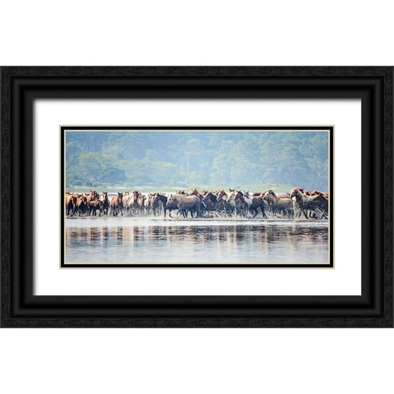 PHBurchett 24x14 Black Ornate Wood Framed with Double Matting Museum Art Print Titled - Water Horses II