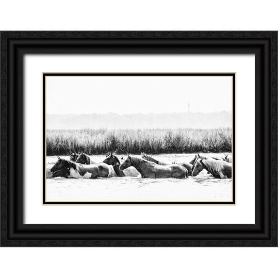 PHBurchett 32x23 Black Ornate Wood Framed with Double Matting Museum Art Print Titled - Water Horses III