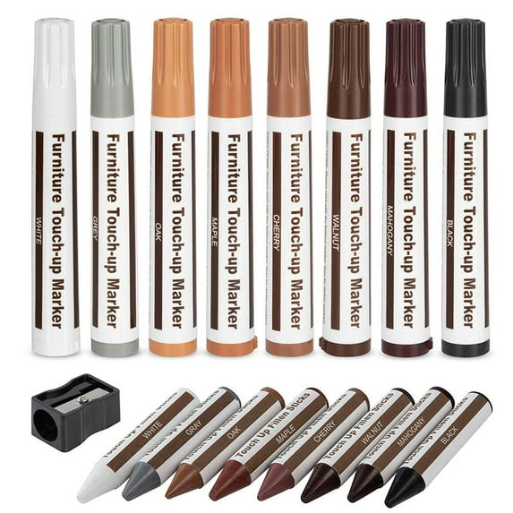 Pyramid Home Decor Furniture Repair Markers and Wax Sticks with Sharpener for Stains, Scratches, Wood Floor, Tables, Desks, Maple, Oak, Cherry, Walnut, Grey, White, Black, Mahogany