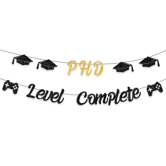 PHD Level Complete Glitter Banner, Black and Gold, Graduation Party Decoration, Gamer Theme