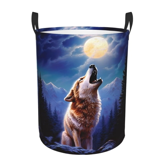 PHELIKA 3d Animal Wolf Moon 03 Laundry Basket 65L Large Foldable Round For Dirty Clothes Toy Storage