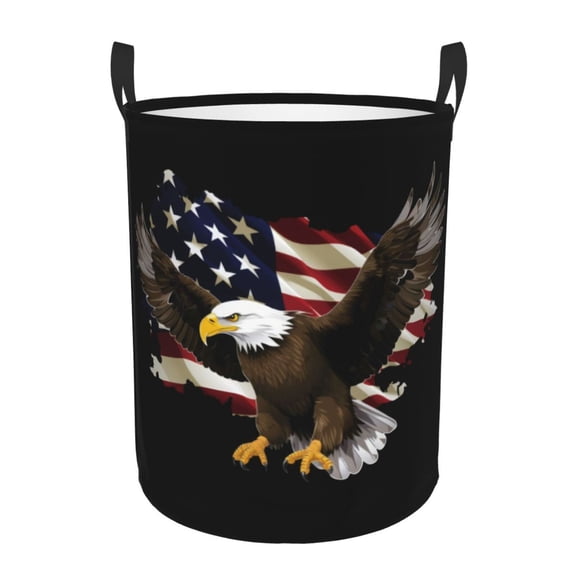 PHELIKA American Flag Bald Eagle 01 Laundry Hamper Waterproof Foldable Oxford Fabric Organizer Large Storage Bins For Dirty Clothes Round Baby Laundry Basket Toy Organizer Baskets