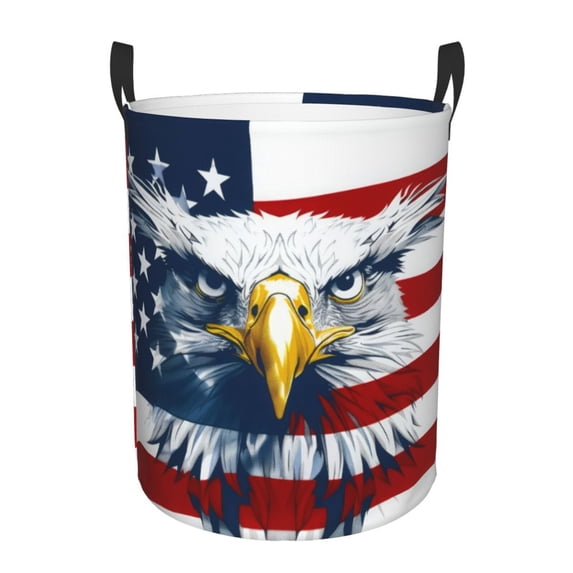 PHELIKA American Flag Eagle 01 Laundry Basket 65L Large Foldable Round For Dirty Clothes Toy Storage