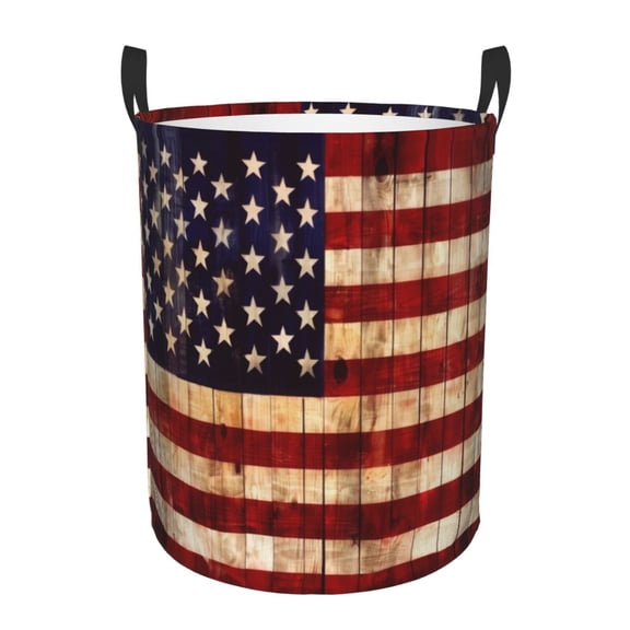 PHELIKA American Flag Painted Wood Wall Background 01 Laundry Basket 65L Large Foldable Round For Dirty Clothes Toy Storage