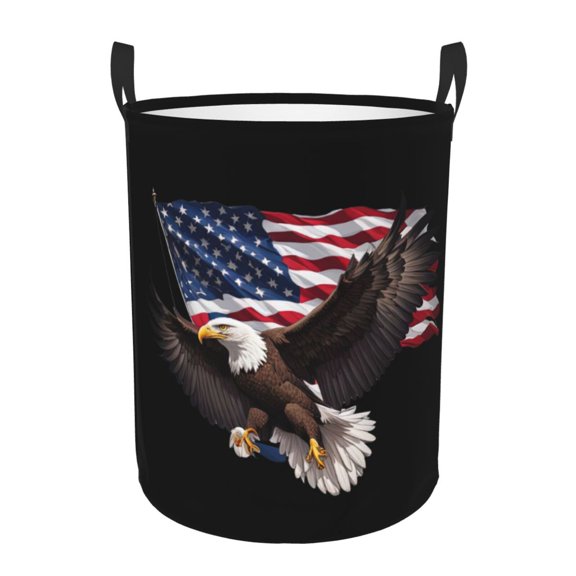 PHELIKA American Usa Flag Eagle Laundry Hamper Waterproof Foldable Oxford Fabric Organizer Large Storage Bins For Dirty Clothes Round Laundry Basket Toy Organizer Baskets