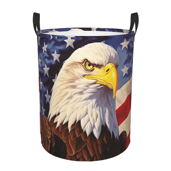 PHELIKA Bald Eagle American Flag 01 Laundry Basket 65L Large Foldable Round For Dirty Clothes Toy Storage