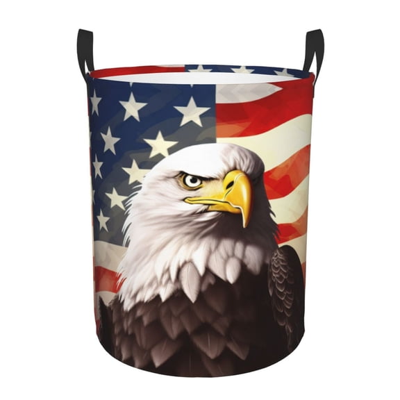PHELIKA Bald Eagle American Flag 17 Laundry Hamper Waterproof Foldable Oxford Fabric Organizer Large Storage Bins For Dirty Clothes Round Laundry Basket Toy Organizer Baskets