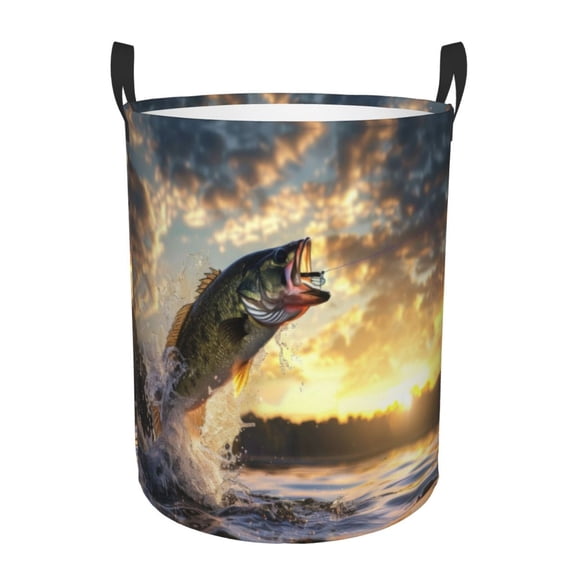 PHELIKA Bass Fish Jumping 05 Laundry Hamper Waterproof Foldable Oxford Fabric Organizer Large Storage Bins For Dirty Clothes Round Laundry Basket Toy Organizer Baskets