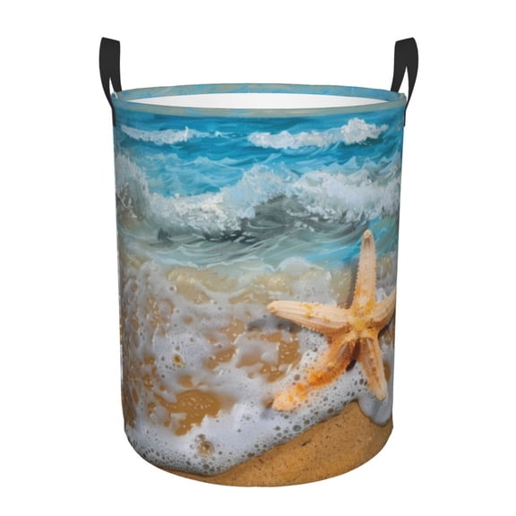 PHELIKA Beach Ocean Starfish 01 Laundry Basket 65L Large Foldable Round For Dirty Clothes Toy Storage