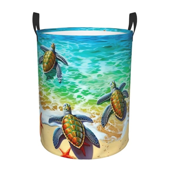 PHELIKA Beach Sea Turtle 01 Laundry Hamper Waterproof Foldable Oxford Fabric Organizer Large Storage Bins For Dirty Clothes Round Baby Laundry Basket Toy Organizer Baskets