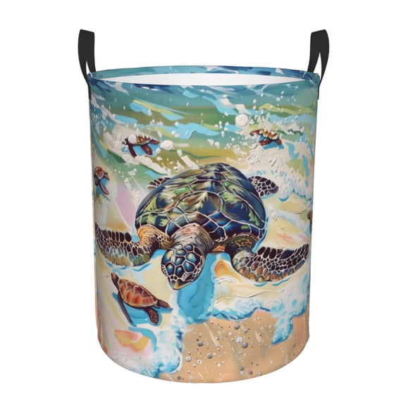 PHELIKA Beach Sea Turtle 04 Laundry Basket 65L Large Foldable Round For Dirty Clothes Toy Storage