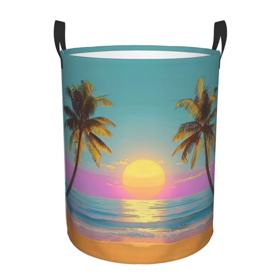 PHELIKA Beach Tropical Palm Tree Summer 05 Laundry Basket 65L Large Foldable Round For Dirty Clothes Toy Storage