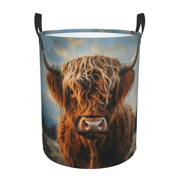 PHELIKA Beautiful Highland Cow 10 Laundry Hamper Waterproof Foldable Oxford Fabric Organizer Large Storage Bins For Dirty Clothes Round Baby Laundry Basket Toy Organizer Baskets