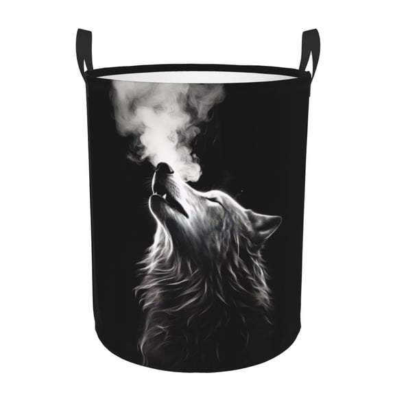 PHELIKA Black 3d Wolf 01 Laundry Basket 65L Large Foldable Round For Dirty Clothes Toy Storage