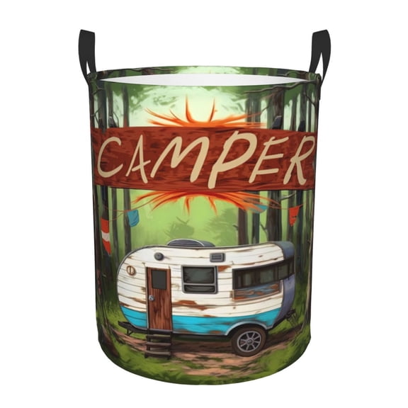 PHELIKA Camper Happy 03 Laundry Basket 65L Large Foldable Round For Dirty Clothes Toy Storage