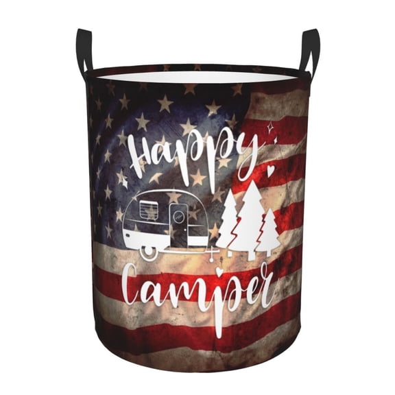 PHELIKA Camper Happy Usa Flag Laundry Basket 65L Large Foldable Round For Dirty Clothes Toy Storage