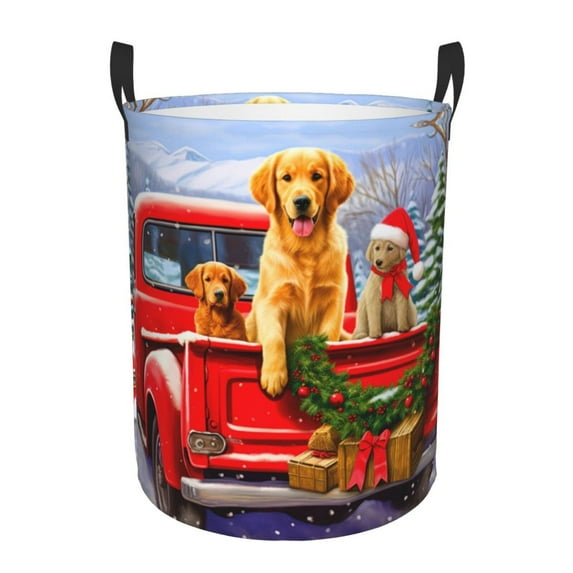 PHELIKA Christmas Red Truck Golden Retriever Dog 08 Laundry Basket 65L Large Foldable Round For Dirty Clothes Toy Storage