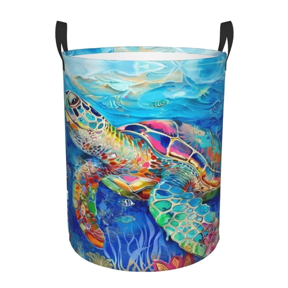 PHELIKA Colorful Sea Turtle Blue Ocean 02 Laundry Hamper Waterproof Foldable Oxford Fabric Organizer Large Storage Bins For Dirty Clothes Round Baby Laundry Basket Toy Organizer Baskets