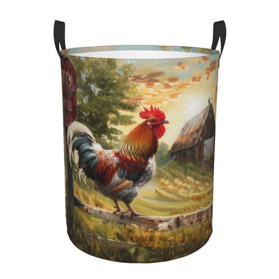 PHELIKA Country Farm Morning Rooster 02 Laundry Basket 65L Large Foldable Round For Dirty Clothes Toy Storage