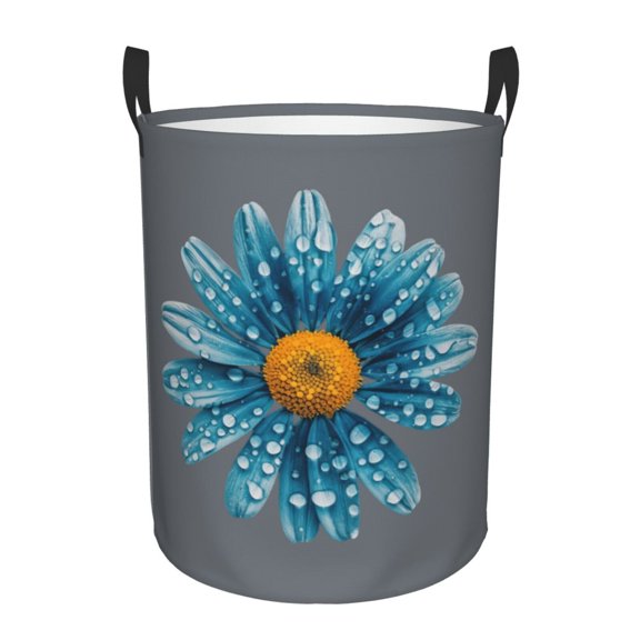 PHELIKA Dark Blue Turquoise Chamomile Flower 02 Laundry Basket 65L Large Foldable Round For Dirty Clothes Toy Storage