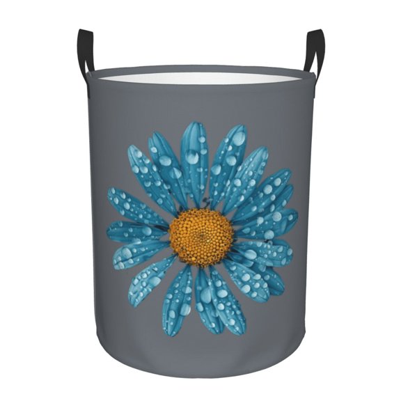 PHELIKA Dark Blue Turquoise Chamomile Flower 03 Laundry Basket 65L Large Foldable Round For Dirty Clothes Toy Storage