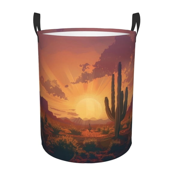 PHELIKA Desert Sunset Cactus 01 Laundry Basket 65L Large Foldable Round For Dirty Clothes Toy Storage