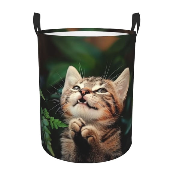 PHELIKA Funny Cat Laundry Hamper Waterproof Foldable Oxford Fabric Organizer Large Storage Bins For Dirty Clothes Round Baby Laundry Basket Toy Organizer Baskets
