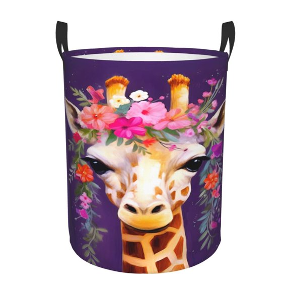 PHELIKA Giraffe With Floral Headpiece 02 Laundry Basket 65L Large Foldable Round For Dirty Clothes Toy Storage