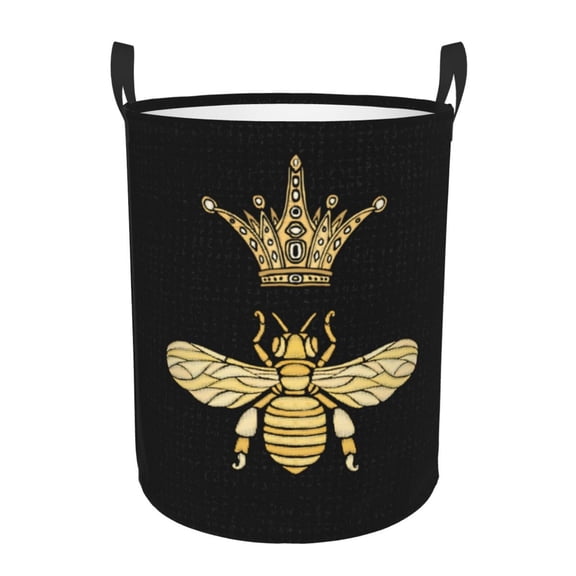 PHELIKA Golden Embroidery Patch Bee Crown Bee Laundry Basket 65L Large Foldable Round For Dirty Clothes Toy Storage