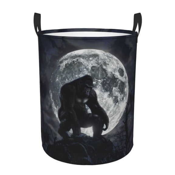 PHELIKA Gorilla Sasquatch Full Moon 01 Laundry Basket 65L Large Foldable Round For Dirty Clothes Toy Storage