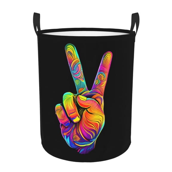 PHELIKA Hippie Hand Fingers Peace Laundry Basket 65L Large Foldable Round For Dirty Clothes Toy Storage