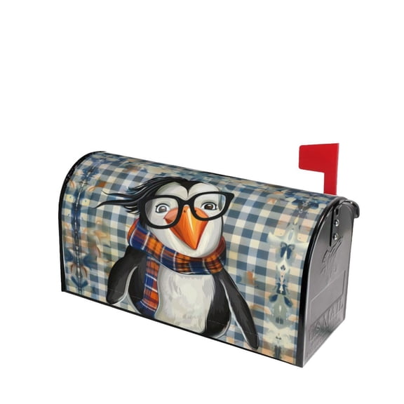 PHELIKA Hipster Penguin On A Plaid 04 Magnetic Mailbox Covers Post Letter Box Cover Standard Size 21"H x 18"W