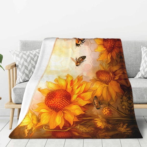 PHELIKA Honey Bees Sunflowers 01 Flannel Blanket Lightweight Cozy Bed Blanket Soft Throw Blanket Fits Couch Sofa Suitable For All Season 60x80 Inch For Kids Women Men