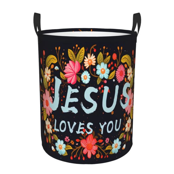 PHELIKA Jesus Loves You Christian Monogram 03 Laundry Basket 65L Large Foldable Round For Dirty Clothes Toy Storage