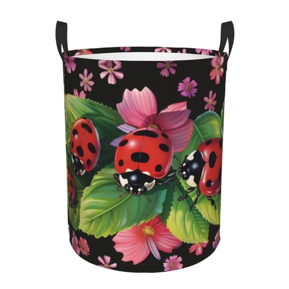 PHELIKA Ladybugs On Leaves Spring 01 Laundry Basket 65L Large Foldable Round For Dirty Clothes Toy Storage