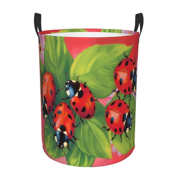 PHELIKA Ladybugs On Leaves Spring 03 Laundry Basket 65L Large Foldable Round For Dirty Clothes Toy Storage