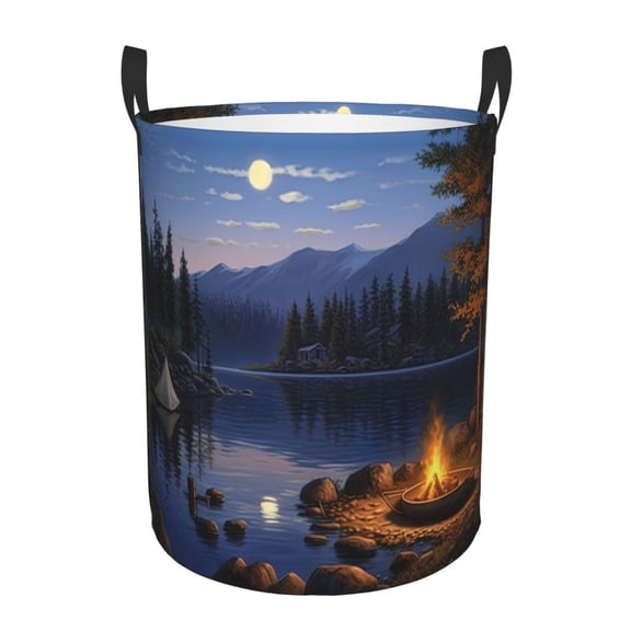 PHELIKA Lake Forests Campfire 03 Laundry Hamper Waterproof Foldable Oxford Fabric Organizer Large Storage Bins For Dirty Clothes Round Baby Laundry Basket Toy Organizer Baskets