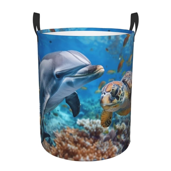 PHELIKA Ocean Sea Animal Turtle Dolphin 02 Laundry Hamper Waterproof Foldable Oxford Fabric Organizer Large Storage Bins For Dirty Clothes Round Baby Laundry Basket Toy Organizer Baskets