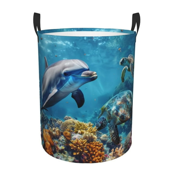PHELIKA Ocean Sea Animal Turtle Dolphin 03 Laundry Basket 65L Large Foldable Round For Dirty Clothes Toy Storage